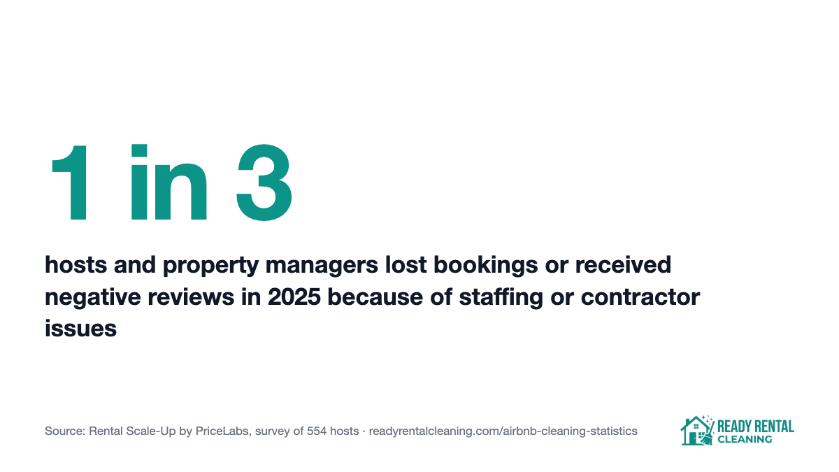 1 in 3 hosts and property managers lost bookings or received negative reviews in 2025 because of staffing or contractor issues, per Rental Scale-Up by PriceLabs