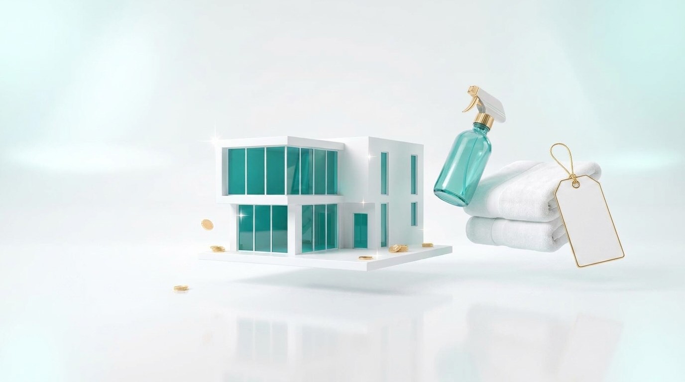 Los Angeles short-term rental property with cleaning supplies and a flat price tag, illustrating 2026 Airbnb cleaning costs